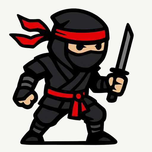 A generally black and grey ninja, but with a few red details..
In-Game asset.  2d.  High contrast.  No shadows
