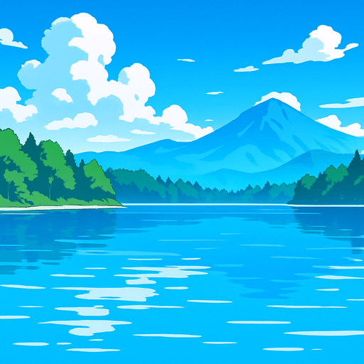 gambar anime tentang danau yang luas di pagi hari. di kejauhan hutan dan pegunungan serta langit cerah.
In-Game asset.  2d.  High contrast.  No shadows