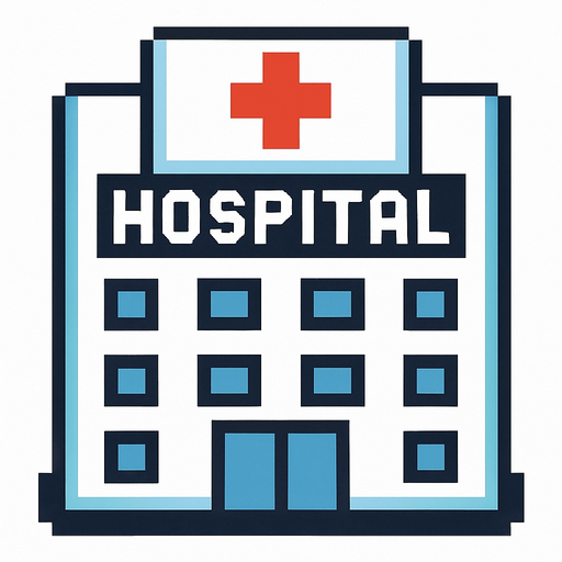 Hospital building 2d pixilated topdown.
In-Game asset.  2d.  High contrast.  No shadows