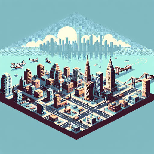Retro cityscape, pixel art  1930s, sky view, aerial view
Single Game Texture. In-Game asset. 2d. Blank background. High contrast. No shadows.