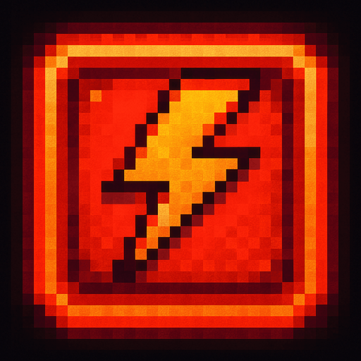 Pixel art of a red power-up icon with a bold lightning bolt symbol inside. Represents a temporary speed boost in a retro-style arcade game. Glowing red, square icon.
In-Game asset.  2d.  High contrast.  No shadows
