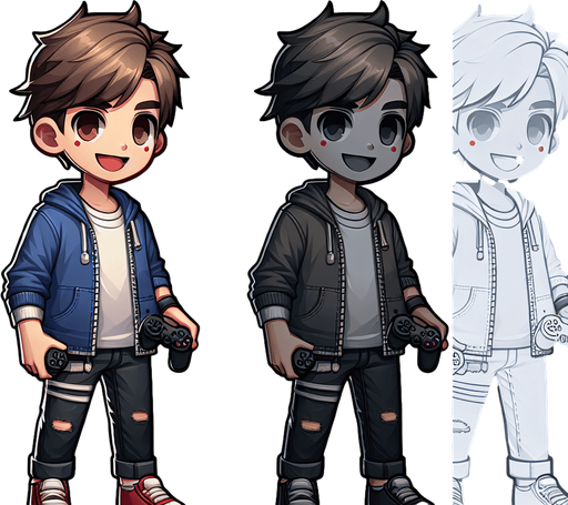 client MG boy.
Single Game Texture.  In-Game asset.  2d.  Blank background.  High contrast.  No shadows