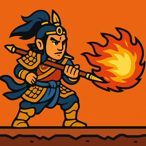 erlang shen. the sun wukong enemy. side scroller image. atack with fire 
In-Game asset.  2d.  High contrast.  No shadows