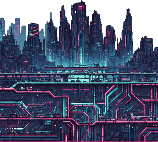 Cyberpunk landscape.
Single Game Texture.  In-Game asset.  2d.  Blank background.  High contrast.  No shadows