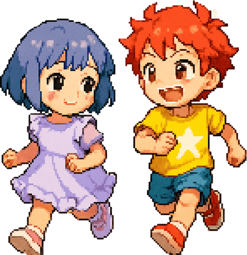 Yui y un niño anime, ambos de 5 o 6 años, corren por un parque soleado en una carrera infantil. Yui tiene el cabello corto, suave, azul grisáceo (HEX: #b0b9d8) y ojos negros. Lleva un vestido lavanda claro con volantes blancos y zapatillas blancas con detalles rosa pastel. Sonríe tímidamente con mejillas sonrojadas mientras corre con pasos pequeños.

El niño tiene cabello pelirrojo alborotado y ojos rojos intensos. Lleva una camiseta amarilla brillante con una estrella blanca, pantalones cortos azul claro y zapatillas rojas. Corre con energía, sonriendo ampliamente, mirando a Yui con entusiasmo.

La escena está en Pixel Art, con césped verde, árboles y pétalos flotando. Ambos se ven felices, reflejando un momento puro de infancia.