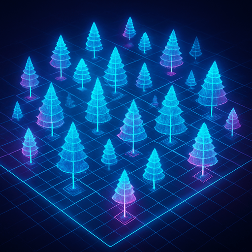 Top down isometric cyberpunk simulation hologram grid projection forest