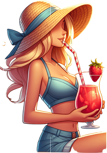 An idyllic llustration of a beach cove where a blond girl in a straw hat is enjoying an large strawberry drink on the deck of her sailing boat as the sun sets. Clean game illustration style..
Single Game Texture. In-Game asset. 2d. Blank background. High contrast. No shadows.