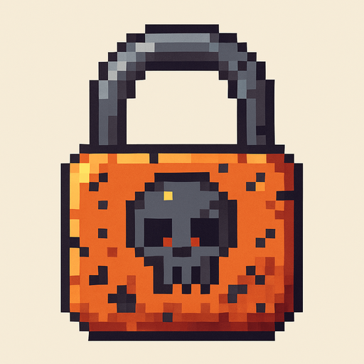 Pon un candado apocalitico pixelar, con bordes reodndo y cuadrado,.
In-Game asset.  2d.  High contrast.  No shadows