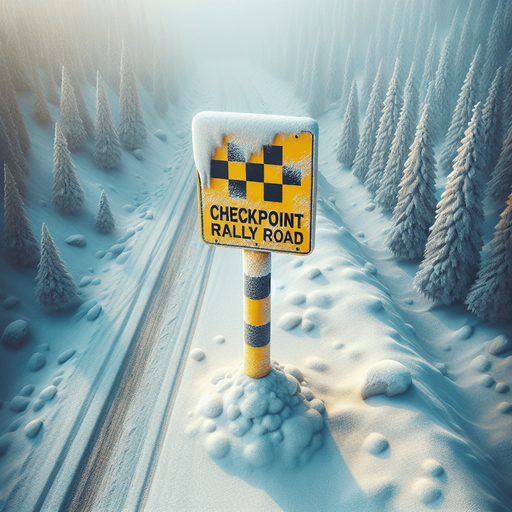 Photorealistic Yellow Checkpoint rally roadsignal covered by snow, drone view.