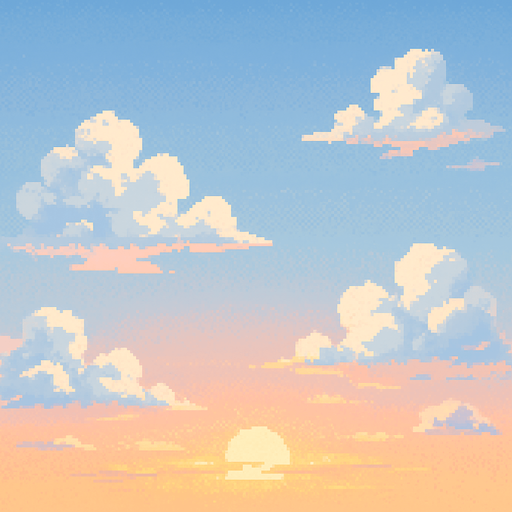 Morning sky background, fluffy white clouds, soft blue gradient, sunrise colors, peaceful atmosphere, 2D pixel art.
In-Game asset.  2d.  High contrast.  No shadows