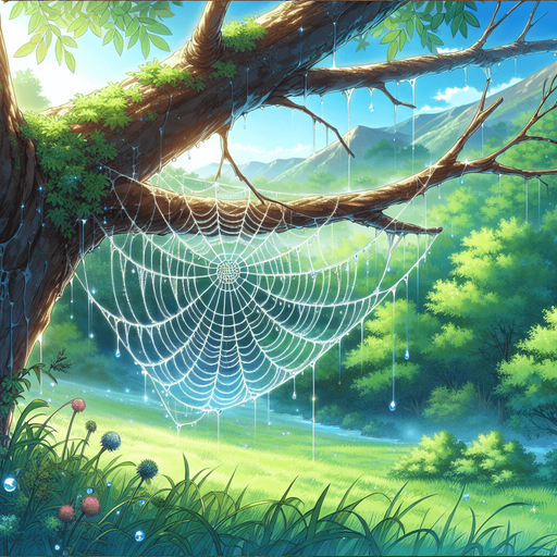 amazing spider web on tree branch. anime image. green landscape
Single Game Texture.  In-Game asset.  2d.