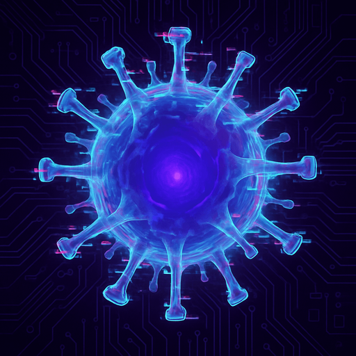 topdown view, glitchy digital virus, distorted edges, purple-blue core, semi-transparent parts, digital glitch effect around edges, ethereal appearance, fits motherboard environment, vectorel draw.
In-Game asset.  2d.  High contrast.  No shadows