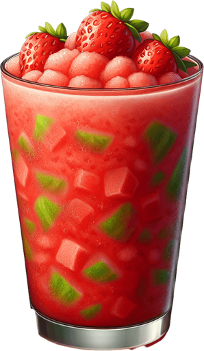 A nice glass of watermelon and strawberry slushice.
Single Game Texture. In-Game asset. 2d. Blank background. High contrast. No shadows.