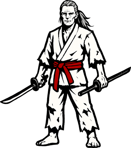 A white-clothed male samurai with torn clothes, long gray hair tied back, pale skin, red belt on his waist, holding two swords, standing confidently, simple pose, no background, front-facing, 2D game character.
In-Game asset.  2d.  High contrast.  No shadows