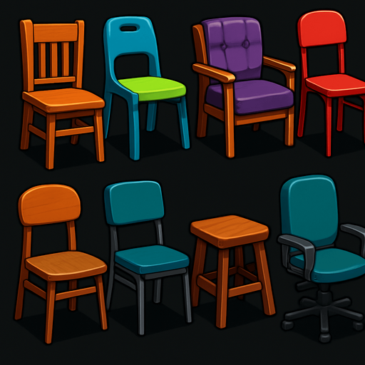 Pack of different chairs.
In-Game asset.  High contrast.  No shadows. 3D