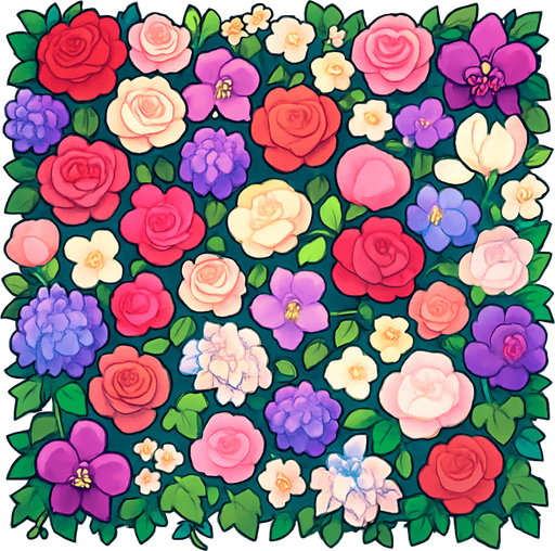 A beautiful flower wall made of a lush mix of vibrant, colorful flowers like roses, peonies, hydrangeas, and orchids. The wall is densely packed with blossoms in shades of pink, red, white, purple, and pastel tones. Greenery like ivy and leaves peek through the blooms, adding depth and contrast. The arrangement is elegant and symmetrical, ideal as a photo backdrop for events like weddings or parties. High-resolution, soft lighting, and dreamy atmosphere..
In-Game asset.  2d.  High contrast.  No shadows. cartoon style