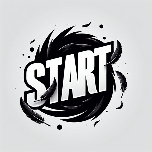 A white SVG with big bold letters, that says “Start”. A couple black feathers flying off the edge of the word. Single Game Texture.  In-Game asset.  2d.  Blank background.  High contrast.  No shadows
