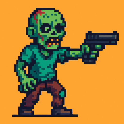 elinde silah tutan bir zombi çiz pixel tarzı ile.
In-Game asset.  2d.  High contrast.  No shadows