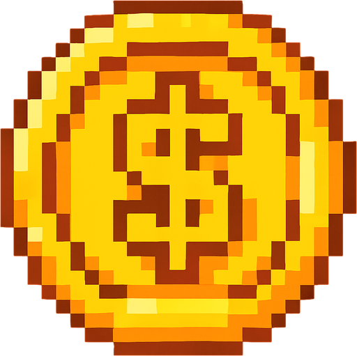 pixel bir coin, üstünde dolar($) işareti var.
In-Game asset.  2d.  High contrast.  No shadows