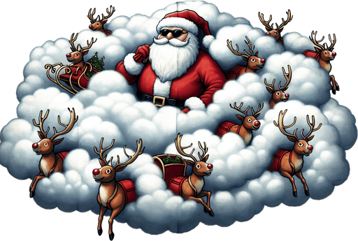 a pergament of Santa hiding with his flying sleigh and reindeers in a cloud. There is the text "In clouds you are protected from enemy attention."