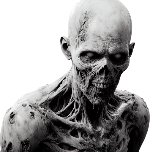 A scary zombie.
Single Game Texture.  In-Game asset.  2d.  Blank background.  High contrast.  No shadows