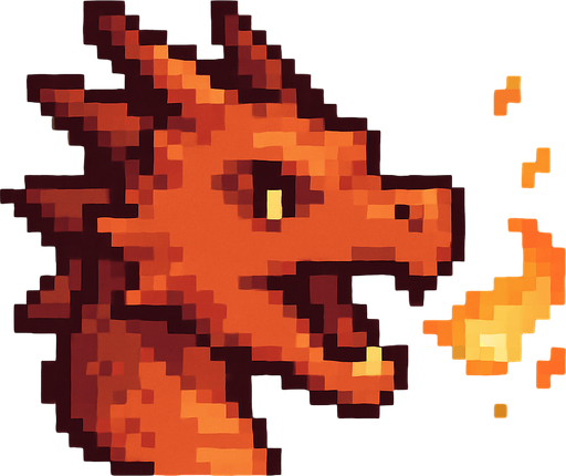 A small pixel art dragon head viewed from the side, mouth slightly open as if letting out a small roar. Glowing embers or a little flame is coming out of its mouth to symbolize that sound is on. The style is cute and retro, matching a fantasy-themed 2D game UI icon..
In-Game asset.  2d.  High contrast.  No shadows. pixel art. side view. cute. fantasy. retro. flame. icon. dragon