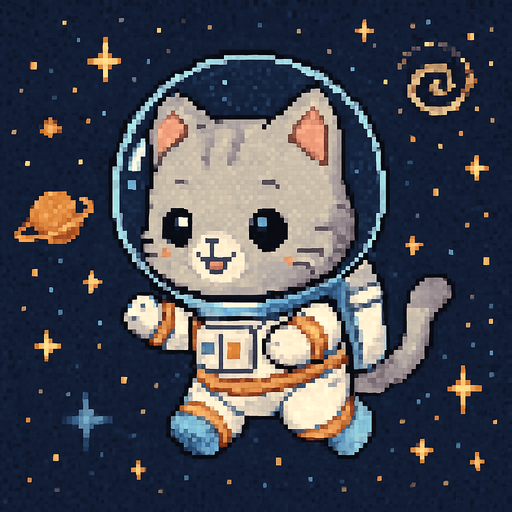 A cute chibi-style anime kitten, dressed in an astronaut suit and drifting through the universe, rendered in Pixel Art.