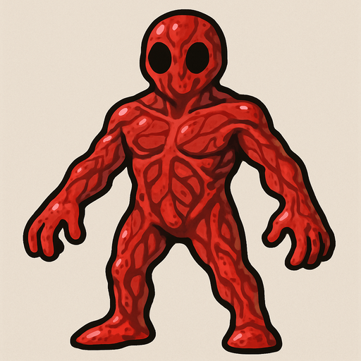 Kırmızı kasları ve damarları gözüken slime ama çok değil az gözüken damarları.
In-Game asset.  2d.  High contrast.  No shadows elleri ayakları var kırmızı sinirli insan boyunda kısa değil