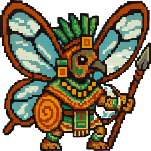 Generame un guerrero azteca con patrones, estilo pixelar, además será una Mariposa alas de vidrio (Greta oto), unidad voladora con alas, con efectos de viento. Tiene que ser un animal..
In-Game asset.  2d.  High contrast.  No shadows
