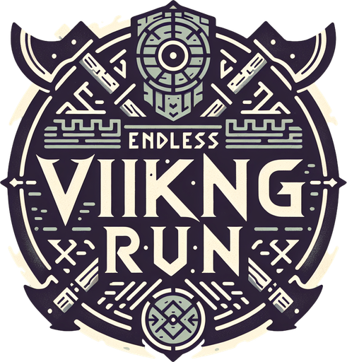 A game logo for a game called 'Endless Viking Run' using norse font on a background of a viking shield and crossed axes. Muted colors..
Single Game Texture. In-Game asset. 2d. Blank background. High contrast. No shadows.