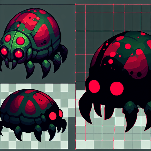 a cartoon bug. evil looking. dark green and red color..
Single Game Texture. In-Game asset. 2d. Blank background. High contrast. No shadows.