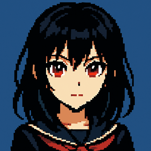 Beautiful anime-style girl with black hair and red eyes. Game image. 2D. High contrast. No shadows. Pixel art..
In-Game asset.  2d.  High contrast.  No shadows