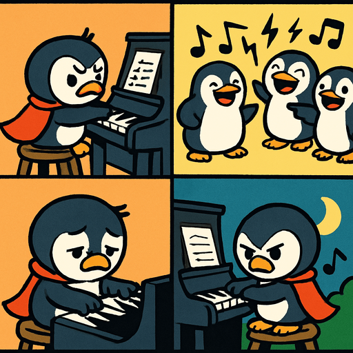 4-panel comic strip, no text, cute cartoon style, bright colors, black outlines.
Characters: Penguin Hero (small, determined) + Village Penguins
Central Theme: Music connects hearts, piano mastery wins love. Story: Hero faces challenges and obstacles in his musical journey

Panel 1: Hero struggles with difficult piano piece, frustrated
Panel 2: Other penguins mock his practicing, musical notes look harsh/jagged
Panel 3: Hero's flippers are sore, he looks exhausted
Panel 4: But Hero persists, practicing by moonlight, determined expression
In-Game asset.  2d.  High contrast.  No shadows