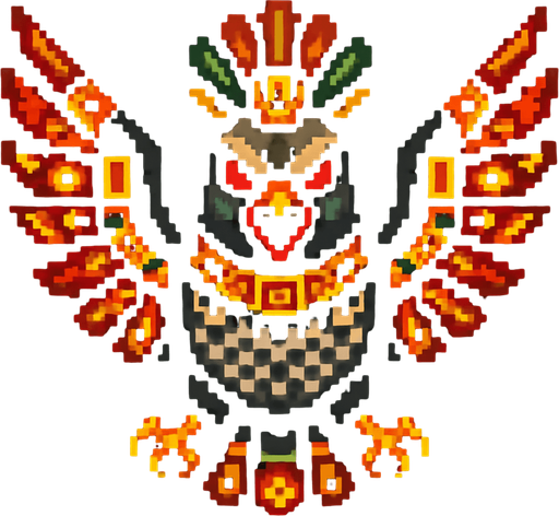 Genérame una paloma guerrero azteca con eso patrones, estilo pixelar, con una apariencia maligna, ojos rojos, rabioso. Unidad aerea con alas. Animal.
In-Game asset.  2d.  High contrast.  No shadows