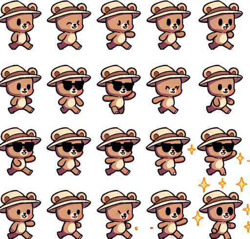 A spritesheet with a number of poses of a cartoonish bear cub with a sunshade, smiling, walking, waiting, standing, ordering, turning, etc. all seen from the side.The spritesheet should be laid out in a rectangular grid with clear space between each individual sprite. Each sprite in the sheet should be around 300x600 pixels in size..
Single Game Texture. In-Game asset. 2d. Blank background. High contrast. No shadows.