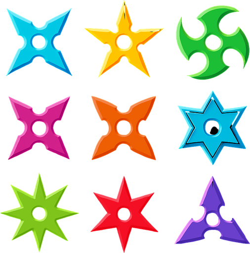 Pack of different ninja star. different color. HD colors.
In-Game asset.  2d.  High contrast.  No shadows