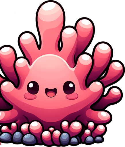 Tatlı gülümseyen mercan resmi.
Single Game Texture.  In-Game asset.  2d.  Blank background.  High contrast.  No shadows