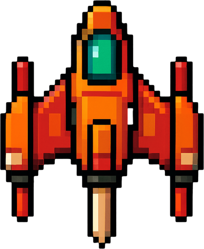 aşağı doğru bakan pixel art bir uzay gemisi.
In-Game asset.  2d.  High contrast.  No shadows