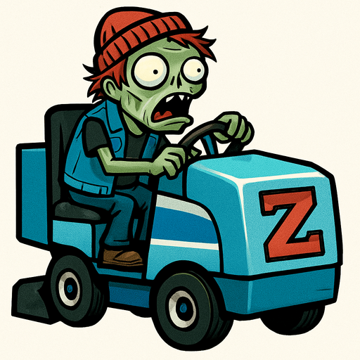 Un zombi con piel verdosa y pálida, cabello rojizo despeinado y un gorro de lana rojo. Viste un chaleco de mezclilla sin mangas sobre una camiseta negra y pantalones de mezclilla. Está sentado en un vehículo de mantenimiento de hielo azul y gris, similar a una Zamboni, con una gran "Z" roja en el frente. El vehículo tiene ruedas pequeñas y negras, y el Zomboni lo conduce con una expresión de asombro y determinación, con la boca abierta..
In-Game asset.  2d.  High contrast.  No shadows