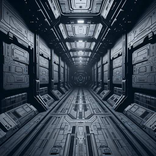Create the top down view of what it would look to be inside of a very dark space ship's empty cargo bay..
Single Game Texture. In-Game asset. 2d. Blank background. High contrast. No shadows.