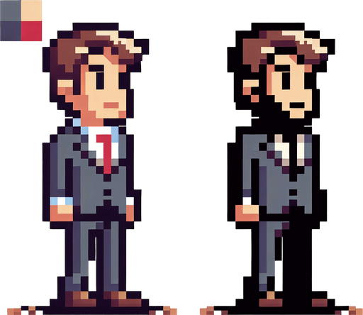 8-bit. cartoon. fancy office person. suit. seen from the side. in game assset. Single Game Texture. In-Game asset. 2d. Blank background. High contrast. No shadows.