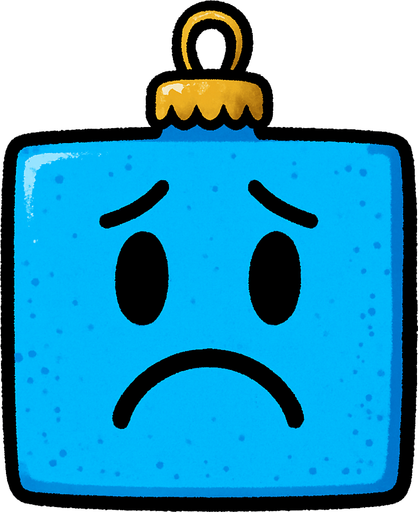 a sad Perfectly square bright blue Christmas decoration.
In-Game asset.  2d.  High contrast.  No shadows