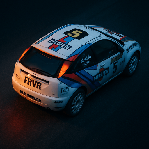 Photorealistic Ford Focus wrc from 2000 year in nightlight, drone topview FROM BACK and 45 degrees angle in top right corner. Modify the real sponsors to just similars. Change ford logo text to frvr