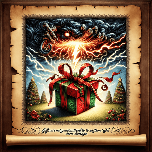 a pergament of a christmas present hit by a storm lightning in the sky. There is the text: "Gifts are not guaranteed to withstand storm damage."