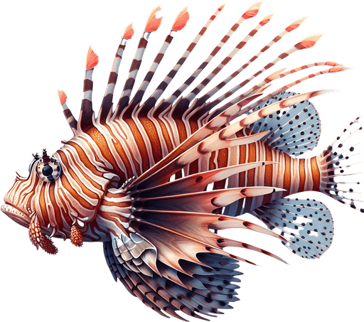 a realistic lionfish.
Single Game Texture. In-Game asset. 2d. Blank background. High contrast. No shadows.