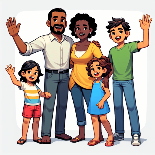 A smiling family waving..
Single Game Texture. In-Game asset. 2d. Blank background. High contrast. No shadows.