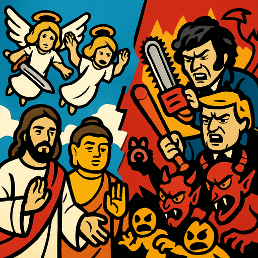 cristo, buddha y angeles vs milei con motosierra, trump con bate de basebol, devil, demons y yellow demons.
In-Game asset.  2d.  High contrast.  No shadows