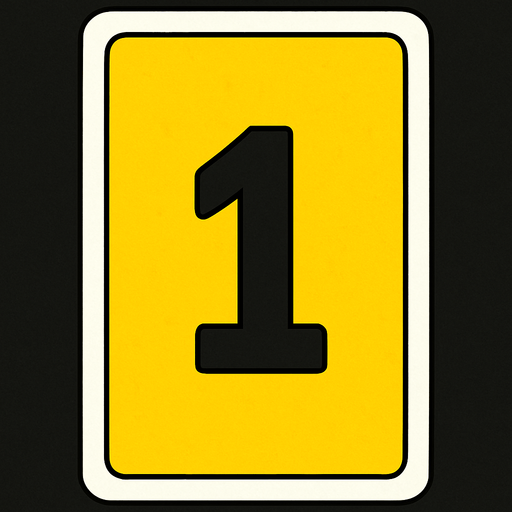 Rectangular card numbered 1, with a white border around it and a yellow background..
In-Game asset.  2d.  High contrast.  No shadows