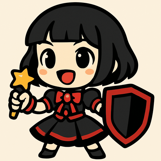 Esta chica tiene un diseño de estilo chibi anime, lo que le da un aspecto adorable y expresivo. Aquí va una descripción detallada:

🔸 Apariencia general:
Es una niña pequeña de proporciones caricaturescas, con cabeza grande y cuerpo diminuto, típica del estilo chibi.

🔸 Cabello:
Cabello negro, corto, llega hasta sus hombros. Estilo honguito.

🔸 Ropa:
Viste un traje colorido similar al de una idol japonesa:

Vestido negro con detalles rojos

Gema roja en el pecho

Falda con vuelo, color negro y una línea roja en el final de la falda

🔸 Accesorios:

Lleva un micrófono con forma de estrella en una mano, lo que sugiere que es una cantante o idol.

En la otra mano, sostiene un escudo de color negro con detalles rojos del tamaño de su cuerpo, lo cual le da un toque de una escudera alegre
🔸 Expresión:
Tiene una expresión alegre, decidida y enérgica, como si estuviera lista para una canción. Tiene la boca abierta de felicidad, simulando que canta feliz para sus fans.
In-Game asset.  2d.  High contrast.  No shadows