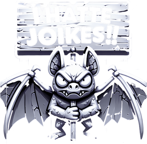 A bat holding a sign that says I Hate Jokes!.
Single Game Texture.  In-Game asset.  2d.  Blank background.  High contrast.  No shadows